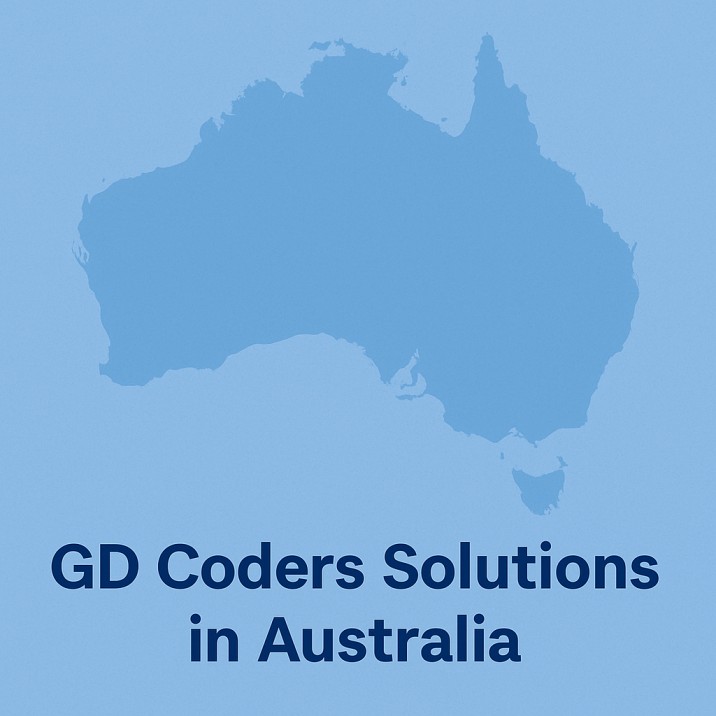 Digital illustration showcasing GD Codersâ tech solutions in Australia with a light blue map and modern tech icons