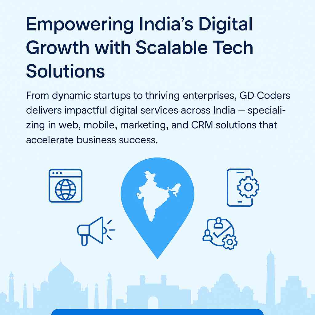 Promotional digital graphic for GD Coders' website designing & development, digital marketing and app development services in India