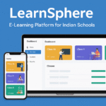 Promotional digital image for LearnSphere's e-learning platform with web and mobile UI