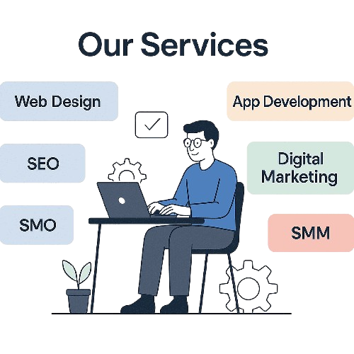 Illustration of GD Coders' services including web design, app development, SEO, SMO, SMM, and digital marketing with a professional working at a desk
